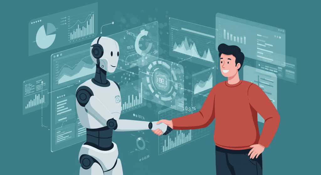 alt="AI 데이터 분석 자동화 일러스트: 초보 데이터 분석가가 AI 로봇과 협력하여 복잡한 데이터를 자동으로 정제하고 시각화 대시보드로 변환하며 업무 효율을 높이는 모습."