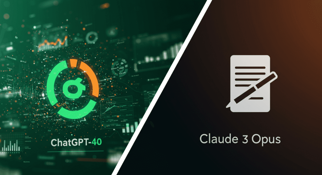 ChatGPT-4o와 Claude 3 Opus의 AI 보고서 작성 능력 비교: 데이터 차트를 분석하는 ChatGPT-4o와 논리적인 문서를 작성하는 Claude 3 Opus.