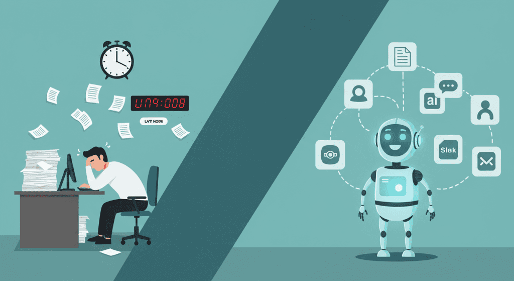 AI 회의록 작성 도구를 사용하기 전(서류 더미에 쌓여 야근)과 후(AI 비서와 함께 자동화된 문서 정리로 미소 짓는 모습)의 업무 생산성을 비교하는 일러스트