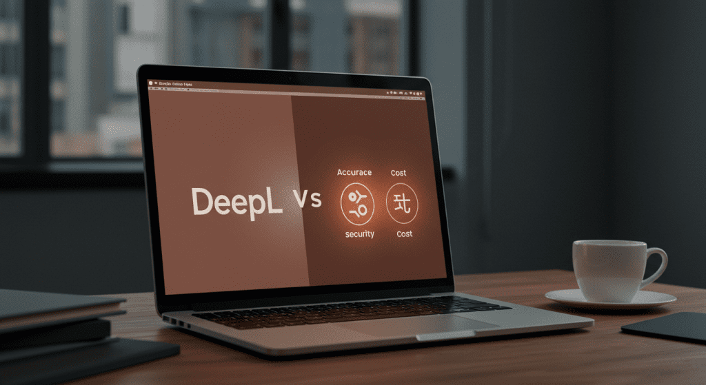 대체 텍스트(Alt Text): AI 번역 툴인 DeepL과 구글 번역을 비교하는 일러스트. 사무실 책상 위 노트북 화면에 두 서비스의 로고가 표시되어 있고, 정확성, 보안, 비용을 상징하는 아이콘이 빛나며 비즈니스 문서 번역의 핵심 요소를 보여주고 있습니다.