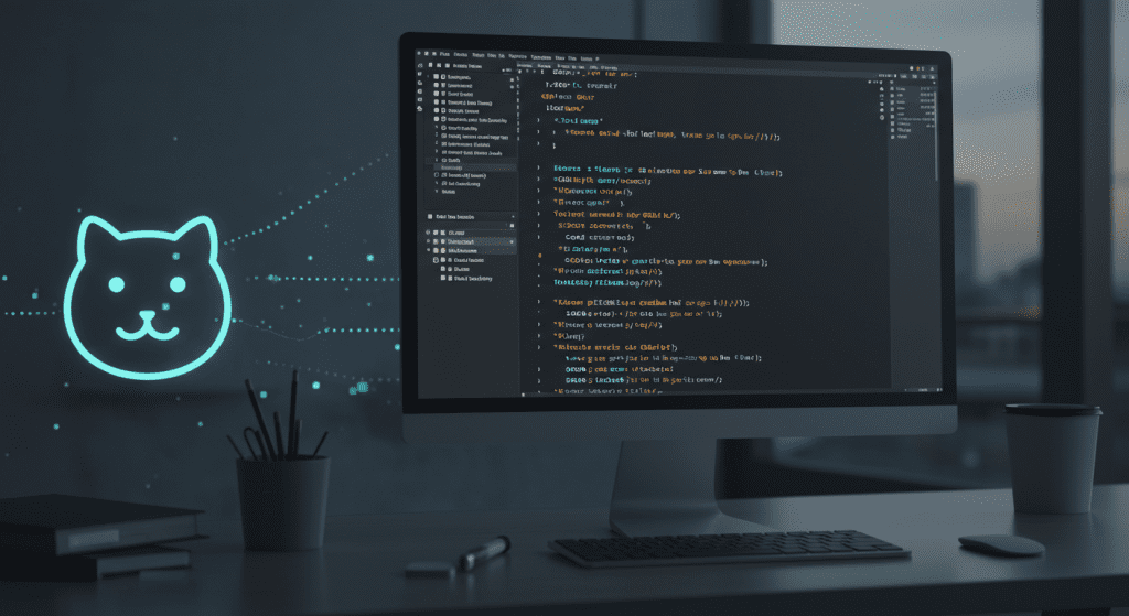 미래적인 개발자 작업 공간에서 VS Code 에디터가 켜진 모니터. AI 코딩 비서인 GitHub Copilot이 틸 색상으로 자바스크립트 코드 자동 완성을 제안하며 개발 생산성을 높이는 모습
