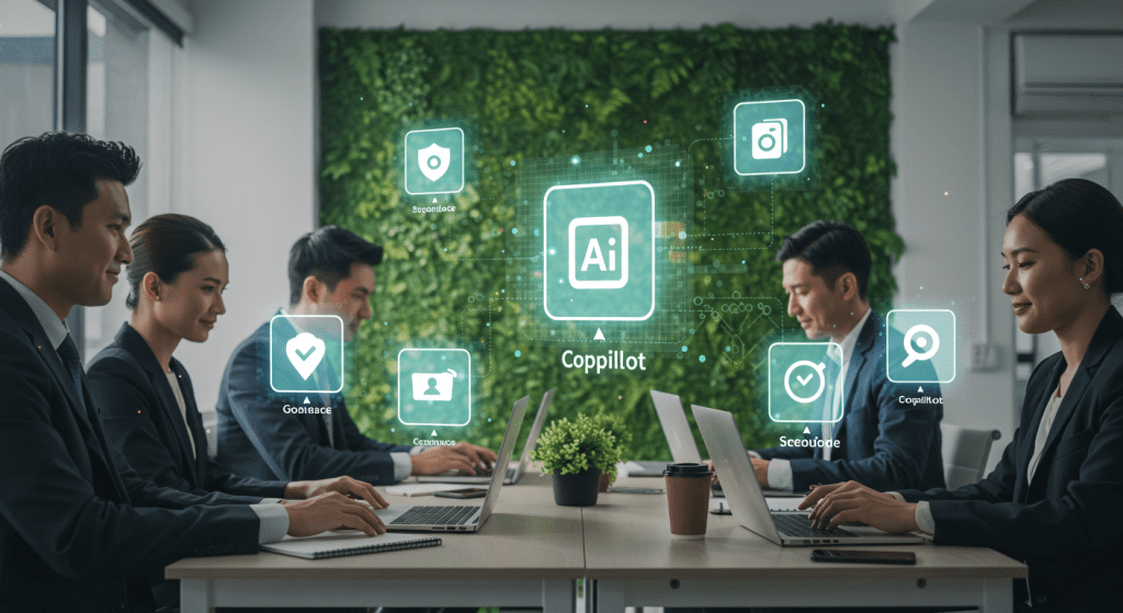 Microsoft 365 Copilot AI를 활용하여 노트북으로 효율적으로 업무하는 직장인들의 모습.
