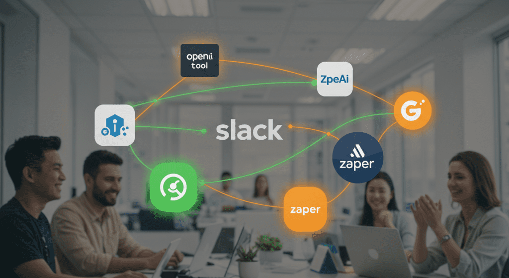 "슬랙(Slack)과 OpenAI, Zapier 등 AI 툴을 연동하여 팀 커뮤니케이션과 업무를 자동화하는 과정을 시각화한 일러스트"