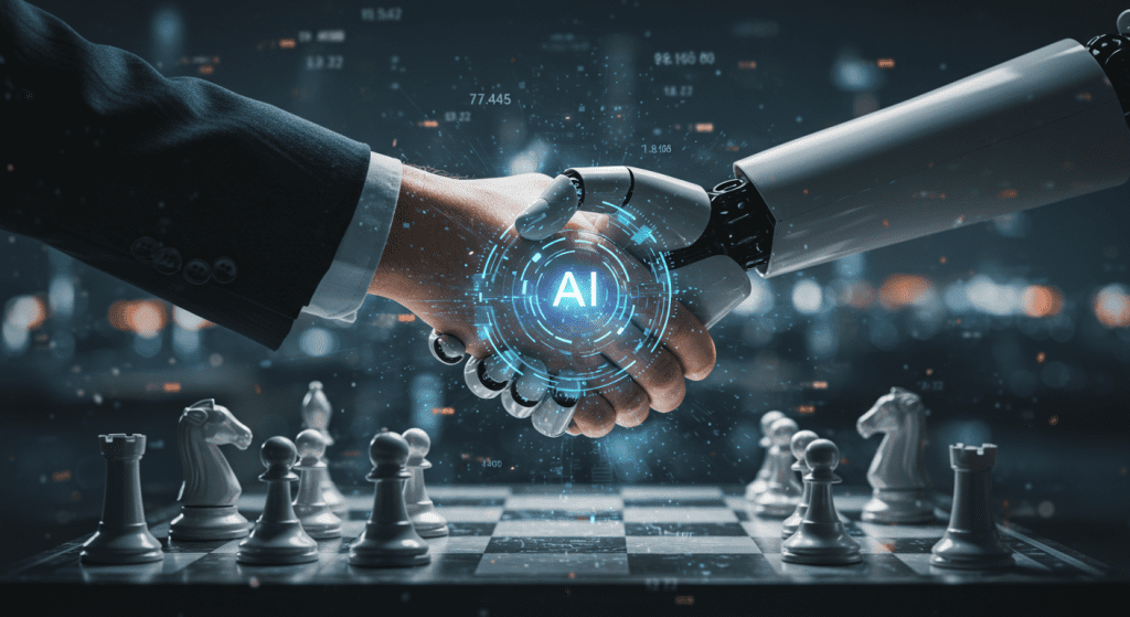 alt="AI 시대의 일자리와 미래: 인간과 AI가 파트너십을 맺고 악수하며 미래를 향한 긍정적인 협력을 보여주는 모습"